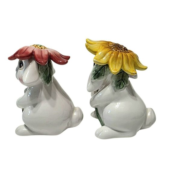 VTG Fitz & Floyd Bunny Blooms Salt Pepper Shakers Ceramic Rabbit Sunflower 4.25" - Picture 14 of 15